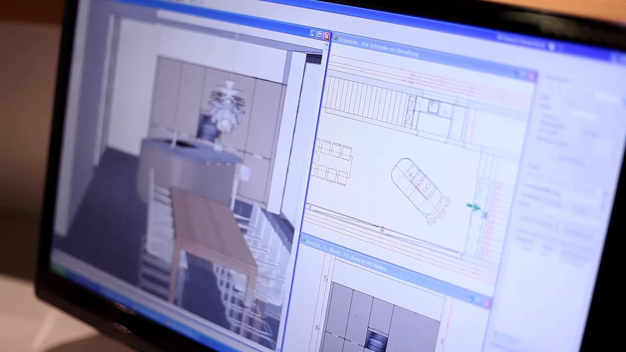 Laptop-Bildschirm mit 3D-Küchenplanung und technischem Grundriss